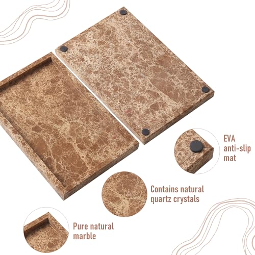 Image of Marble Bathroom Tray,Pure Natural Vanity Tray,Marble Tray for Kitchen Counter Non-Ceramic /Non-Resin,Stone Trays 12 x 8 inch (Dark Brown)