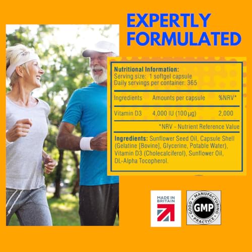 Vitamin D3 Softgels 4,000iu, Maximum Strength, 365 Easy to Swallow Softgels (1 Year Supply) Immune Support, Healthy Bones, Made in The UK by Northumbria Health - Image 6