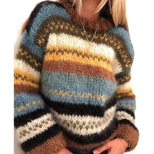 Women's Rainbow Striped Mock Neck Long Sleeve Knitted Retro Sweater Casual Loose Fitted Pullover Warm Tops for Women