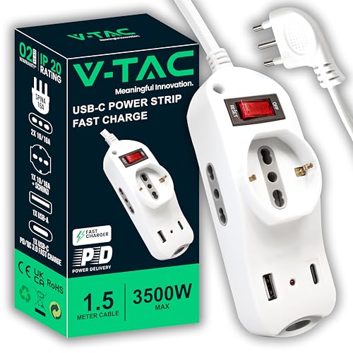 V-TAC Multipresa Elettrica USB C Power Delivery 20W + Porta + 2 Prese Laterali 10/16A Bipasso e 1 Frontale 10/16A Bipasso Schuko - Ciabatta Type-C - Presa per Casa, Ufficio