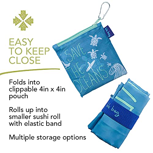 Rockflowerpaper Reusable Grocery Bags For Shopping - Save The Oceans Blu Bag - Machine Washable, Foldable, Packable Tote - Large Handles - Heavy Duty And Lightweight - Zippered Top Pouch #TOP5