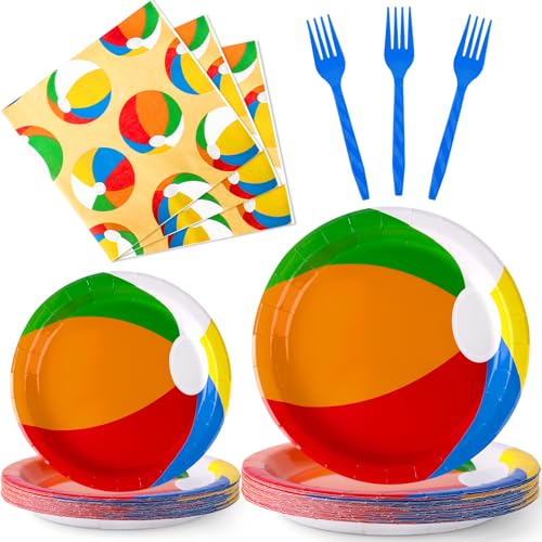 96 Pcs Pool Beach Summer Party Plates Napkins, Beach Theme Party Decorations, Hawaiian Summer Ball Plates Pool Decorations Supplies for Kids, Serves 24