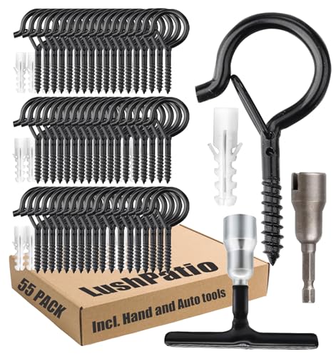 LushPatio String Lights Screw Hooks for Hanging, Ceiling Hooks for Hanging Solar,Outdoor String Lights, Plant Hangers Outdoor with Safety Buckle Design for Backyard Porch Patio - 55 Pack, Black
