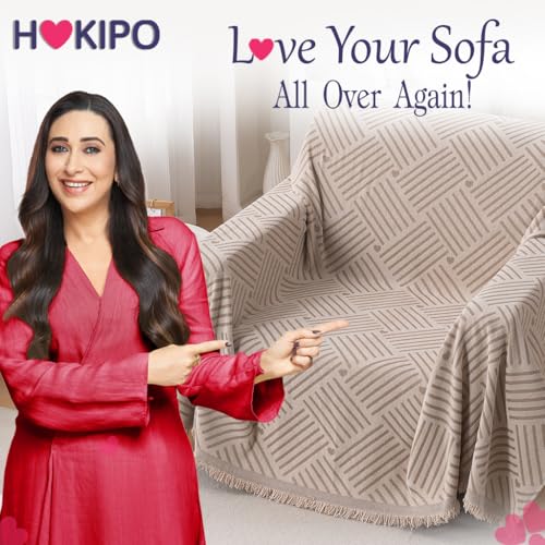 Image of HOKIPO Printed 320 GSM Chenille Sofa Cover Throw Blanket for 1 Seater Sofa - All Season, 'Serene Abode Series' Beige Geo Weave (180x180 cm) (AR-6631-D7)