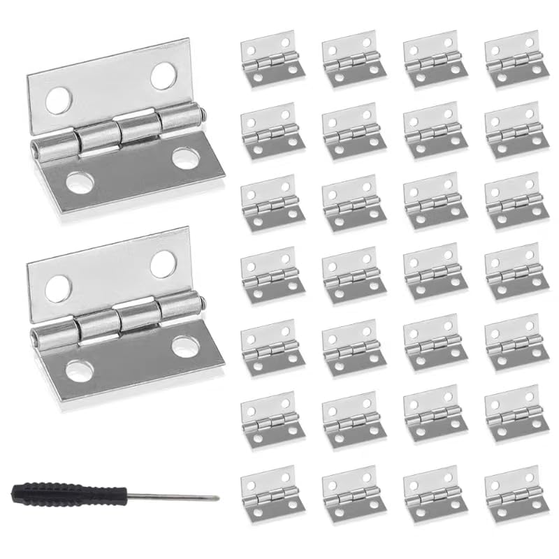 Roosea 30 Pcs Mini Hinges 25 * 24 * 0.8 mm for Dolls House with 120 Pcs Hinge Screws and Screwdriver - Silver - Image 2