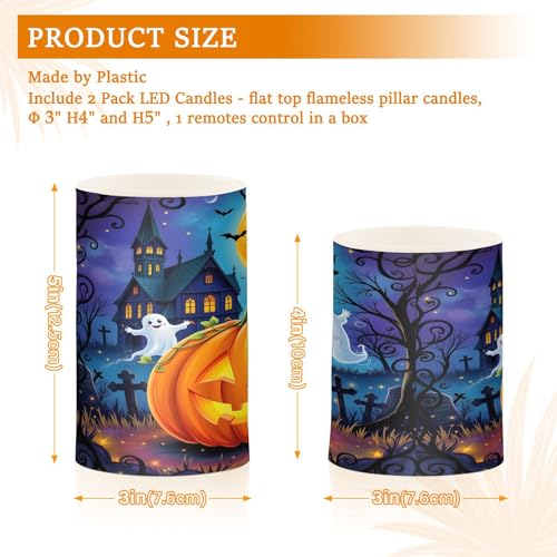 Image of Flickering Flameless Candles, Halloween Pumpkin Ghost Witch LED Candles with Remote Timer, Set of 2 Battery Operated Candle for Valentine Wedding Birthday
