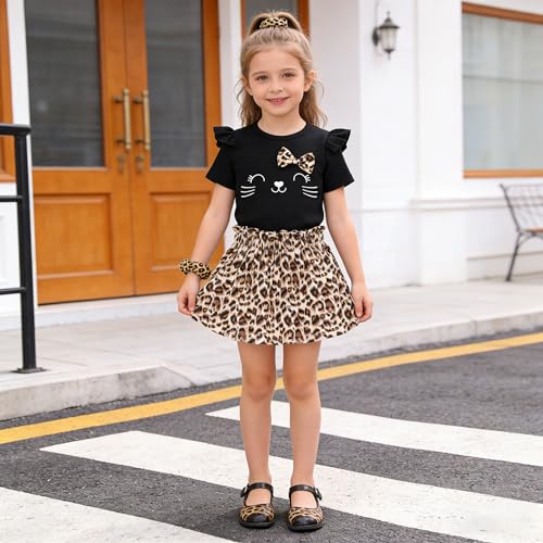 Image of Akyzic Little Girl Skirt Outfit Two Piece Spring Summer Outfit Butterfly Dress Cat Print Skirt Toddler Girl Outfit Set