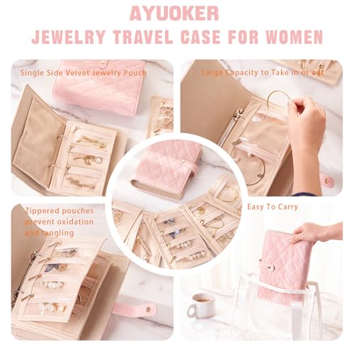 jewelry organizer travel,Graduation Gifts For Her,Jewelry Organizer Box with Clear Zipper Velvet Jewelry Pouch Bag, PU Leather Jewelry Case, Necklaces and Bracelets - Pink3