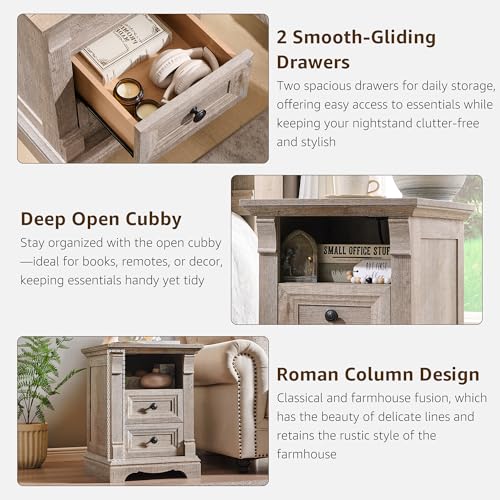 Image of Nightstand Set of 2, 18 inch Wood Side Table with Charging Station Roman Column