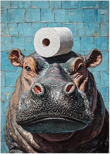 1000 Piece Jigsaw Puzzles for Adults - Toilet Roll on Hippo - Hippo Giving Toilet Paper Roll - Funny Wooden Jigsaw Puzzle - Bathroom Decor - Quirky Activity
