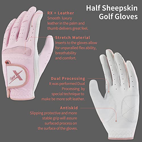 Gearx Women's Half Sheep Skin Golf Gloves, White/Pink (Pink, Large(21), 2 Left Gloves) #TOP5