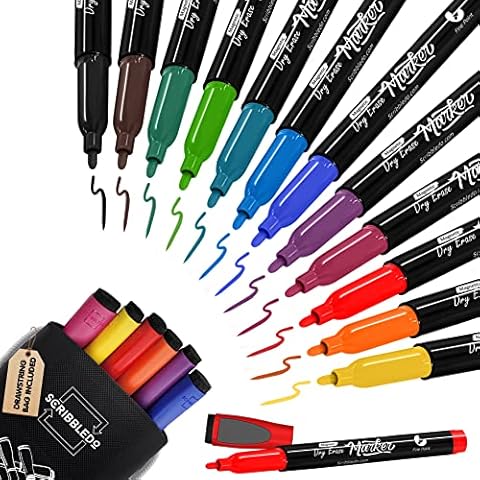 Scribbledo Magnetic Dry Erase Markers, Fine Tip, Assorted Colors, Low Odor, with Eraser Cap, Thin Whiteboard Markers for Adults, Students, Teachers, Kids (12 Pack) Cover
