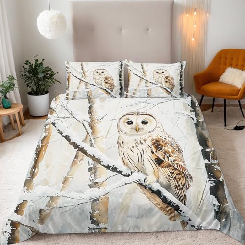 Générique Parure de Lit 140x200 Microfibre Confort 3D Forêt de Neige Hibou Motif Housse de Couette 140x200 + 2 Taies d'oreiller 50x75 Ensemble de Literie avec...