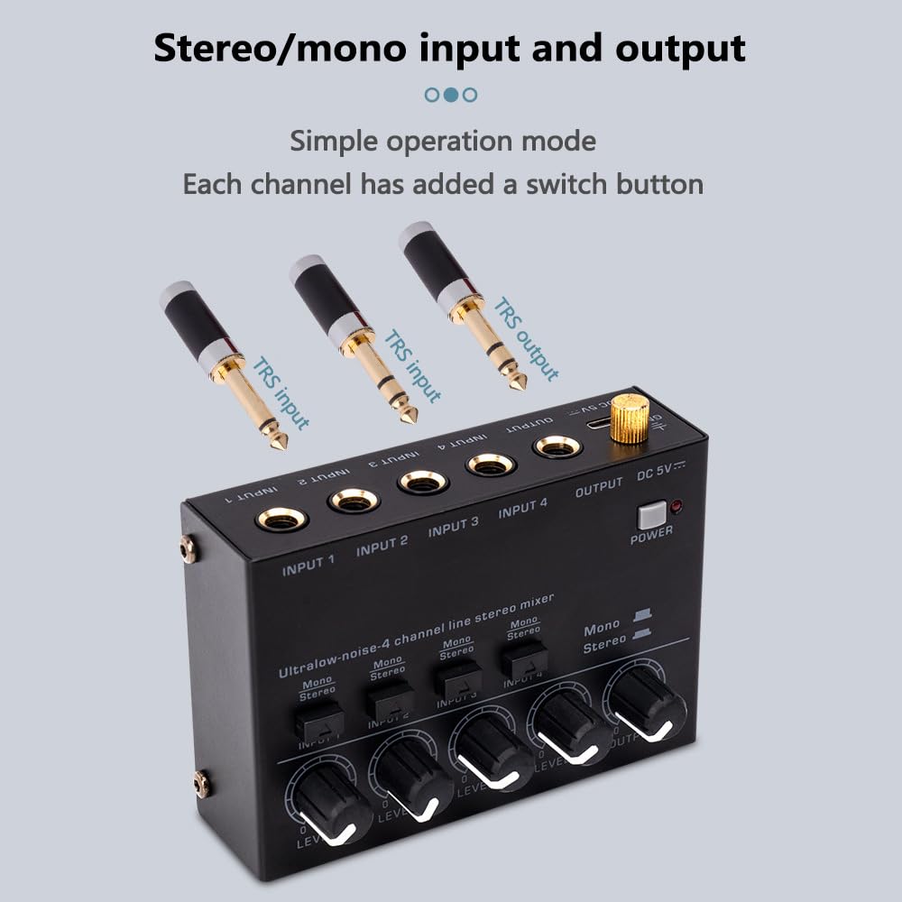 Mixer Audio, Mixer di linea stereo a rumore ultra basso a 6 canali Mini mixer audio professionale Alimentatore DC5V