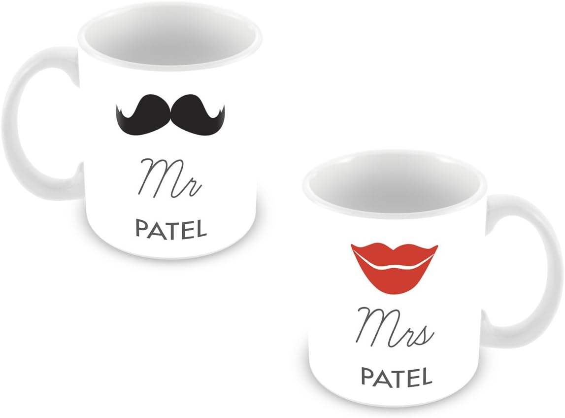 Mr and Mrs Patel Personalised / Customised Pair of Mugs Novelty Engagement / Anniversary / Husband / Wife / Wedding Gift