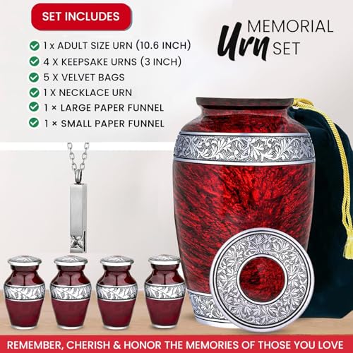 Image of Red Urn Sets of 6 Funeral & Cremation Urns for Human Ashes Adult Man or Woman | 1 Large Red Urns for Human Ashes Adult Female with an Ash Necklace & 4 Small Urns for Family Sharing