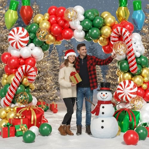 Image of 164Pcs Christmas Balloon Arch Garland Kit Xmas Red White Green Gold Latex Balloons Light Bulb Candy Cane Gift Box Foil Balloons Arch Kit for Christmas New Year Party Birthday Party Decorations