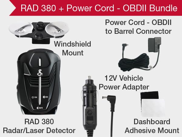 Image of Cobra RAD 380 Laser Radar Detector + OBDII Power Cord Bundle - Long Range Detection, LaserEye Front and Rear Detection, IVT Filtering, Adjustable Sensitivity, Digital Signal Processing, Black
