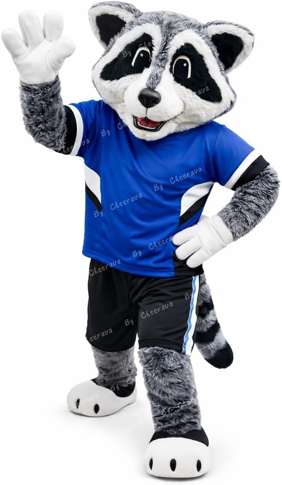 Raccoon Mascot Costume for Adults, Full Body Raccoon Mascot with Blue Shirt and Black Shorts for School Events