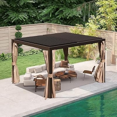 Domi Outdoor Pergola 10' x 12', Aluminum Louvered Pergola with Adjustable Louvers, Full Aluminum Frame, Built-in Gutter System, Modern Patio Gazebo for Deck Garden Patio, Brown