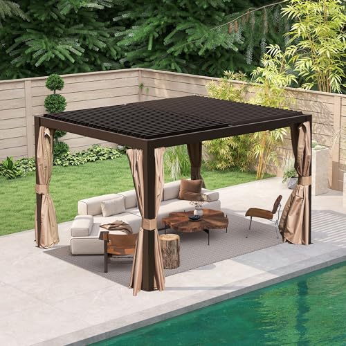 Domi Outdoor Pergola 10' x 12', Aluminum Louvered Pergola with Adjustable Louvers, Full Aluminum Frame, Built-in Gutter System, Modern Patio Gazebo for Deck Garden Patio, Brown