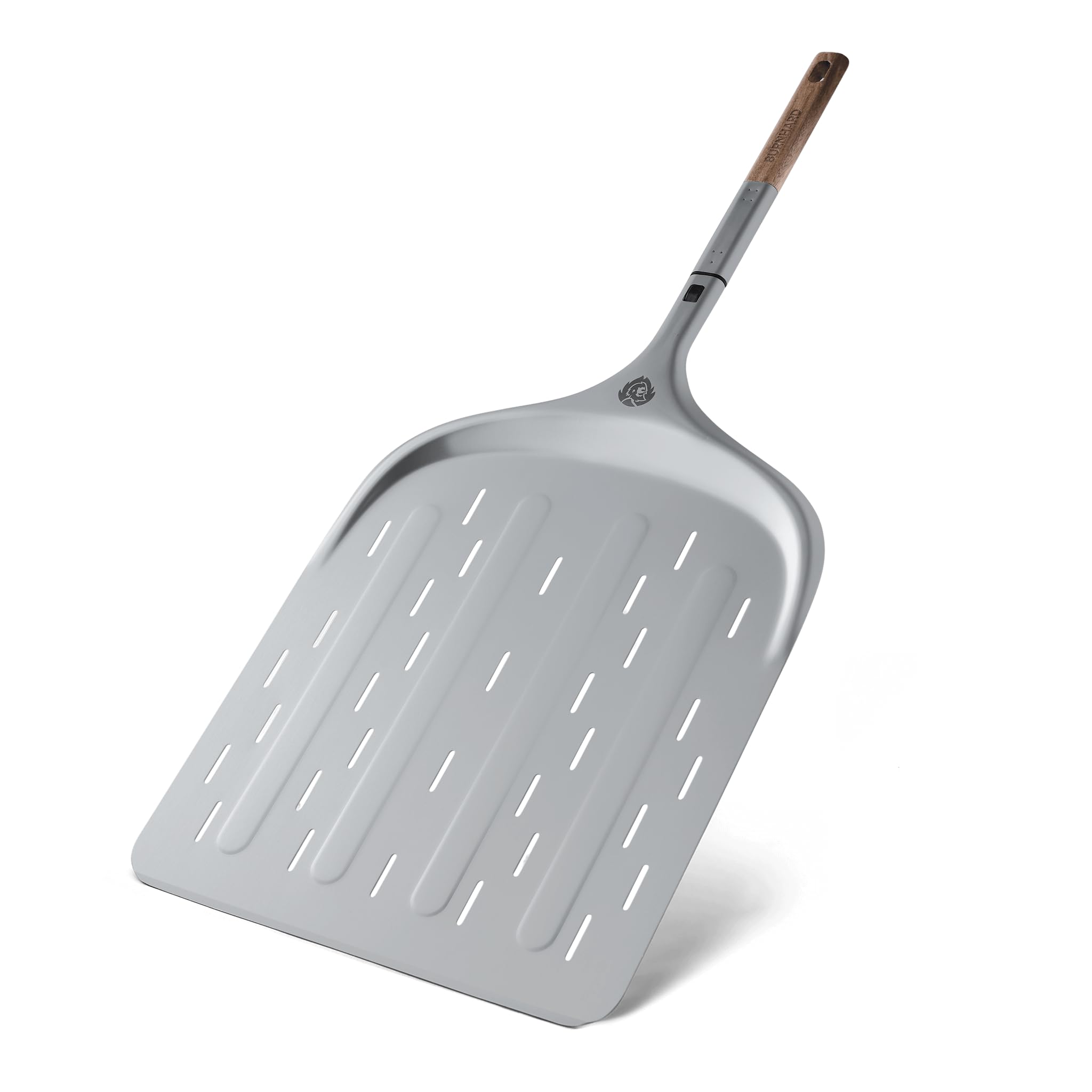 Pelle à pizza BURNHARD® perforée, aluminium anodisé, manche en bois d'acacia, connexion enfichable, 29 cm & 36 cm, compatible avec fours à pizza TONY & Fat TONY – Pelle Deluxe