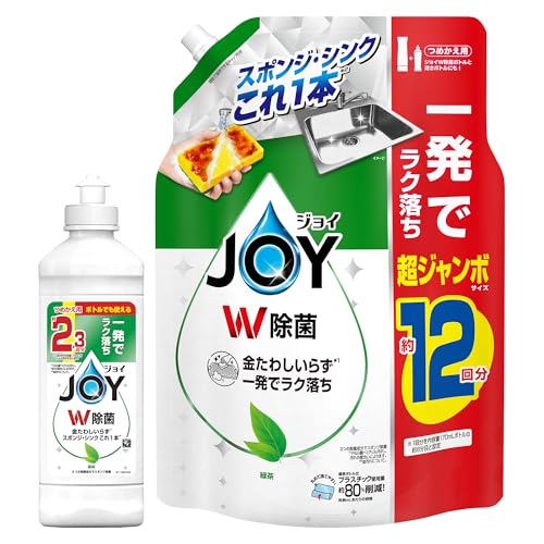 ジョイ W除菌 食器用洗剤 緑茶の香り キャップ付き詰め替え 300mL+詰め替え 超ジャンボ 1550mL