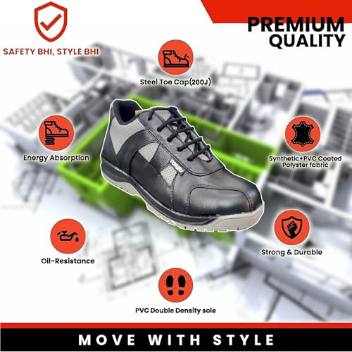 Image of Safety Shoes, Black Leather with Perforated Design, Anti-Slip Work Footwear