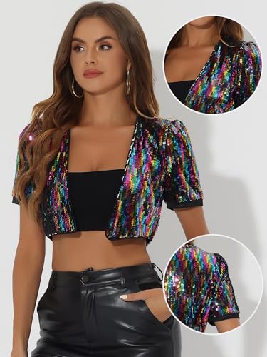 Image of Allegra K Sequin Cardigan for Women Puff Sleeve Open Front Jacket Sparkly Glitter Cropped Shrug Bolero