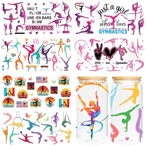 UV DTF Cup Wrap Sticker - 8 Sheet Gymnastics UV DTF Transfer for 16 oz Glass, Water Bottle, Sport UVDTF Cup Wraps, Waterproof Rub on Transfer for Gymnastics Lover