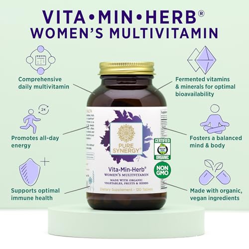 PURE SYNERGY Vita·Min·Herb for Women | Women’s Comprehensive Multivitamin Supplement | Made with Organic Whole Food Non-GMO & Vegan Ingredients | Supports Energy & Immune Health (120 Tablets)