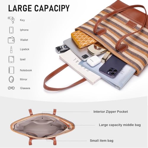 Image of HKCLUF Tote Bag for Women,Woven Shoulder Bag for Woman Vegan Leather Hobo Purse Satchel Handbags With Zipper Pockets