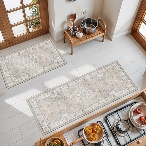 2-Piece Kitchen Runner Rug Set: Washable Non-Slip Floor Mats for Sink & Stove Cooking Area Soft Low Pile Water-Resistant Carpet for Dishwasher Fridge Fronts Durable Kitchen Island Mats(2x3+2x4,Beige)