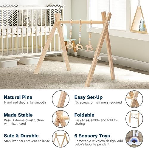 Jyusmile Baby Play Gym - Wooden Baby Gym with 6 Hanging Baby Toys, Foldable Activity Gym Fit Baby Play Mat, Natural Baby Activity Center, Ideal Gift for Newborn Infant Boys Girls 0-3-6-9-12 Months