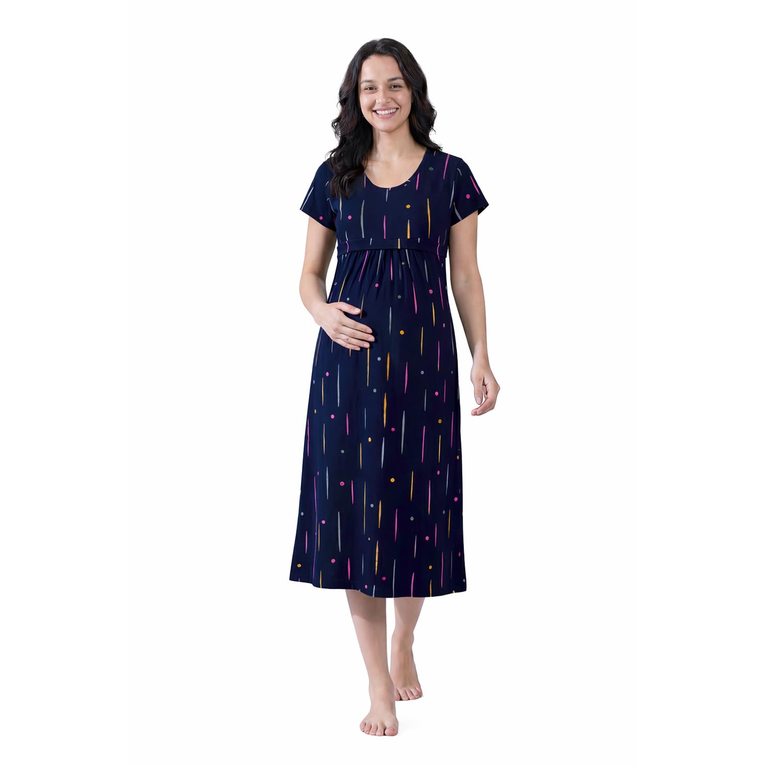 Printed Hosiery Maternity Nighty | Nursing Nightwear | Easy for Breastfeeding | Pregnancy Night Gown | Pre and Post Pregnancy | Calf Length | Round Neck | Half-Sleeves