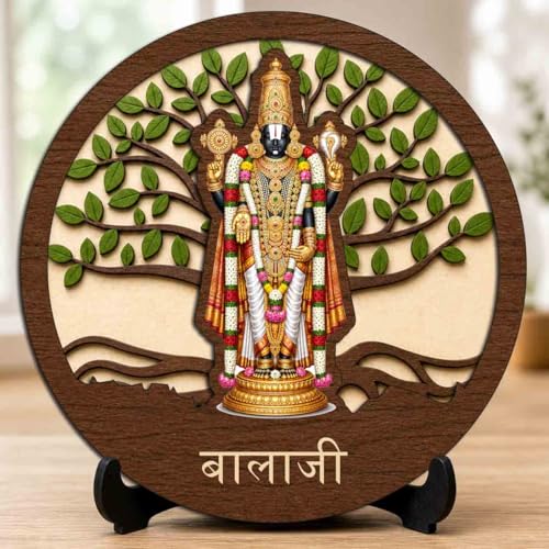 Image of Tirupati Balaji Wooden Idol with Stand for Home Temple, Puja Room, Office Desk & Indoor Mandir Decor - 5x5 Inch