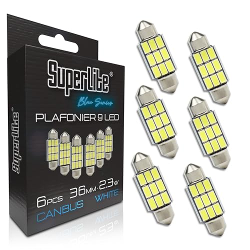 Superlite Set de 6 Bombillas de Plafonier de 9 Leds, 36 mm 23W de la Gama Blue Series Tecnología CanBus de Luz Blanca Ideal para Coche y Camión