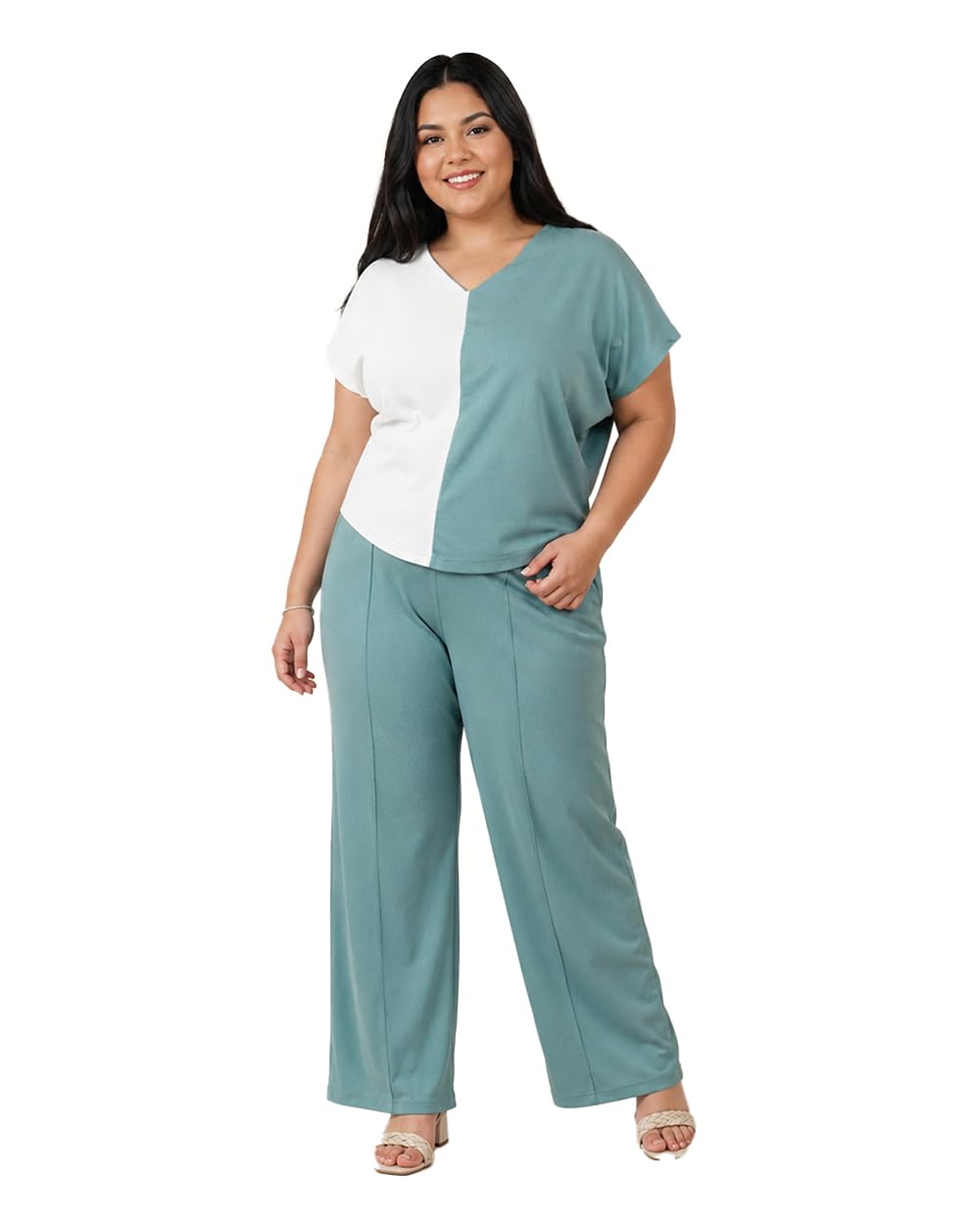 HM HUBB Women Colour Block V-Neck T-Shirt and Trousers Co-ord Set (S-3XL)-picture-13