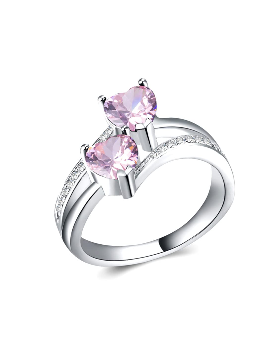 Rings for Women and Girls Pink Color Ring | Silver Tone Dual Heart Shaped Pink Crystal Finger Ring for Women | Birthday Gift For girls and women Anniversary Gift for Wife-image-9