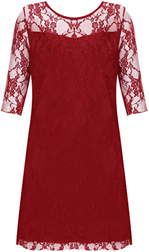 Image of Miss Trendy Plus Size Knee Length Lace Dress for Women – 3/4 Sleeve Lined Stretch Bodycon Party Dress with Keyhole Back Detail – Elegant Evening Wear Wine 14