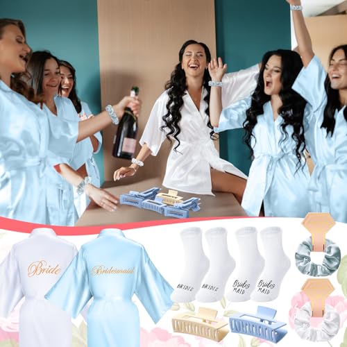 Image of Bonuci 24 Pcs Bride Bridesmaid Robes Set of 6 Bridal Silk Satin Robes for Wedding Bachelorette Party Bridal Shower Gifts
