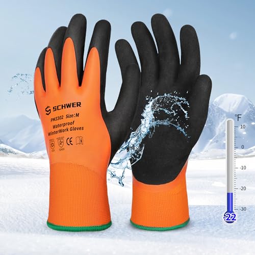 Schwer FreezeGuard Waterproof Work Gloves PM3302, ANSI A2 Cut Resistant Freezer Gloves for Outdoor Cold Weather Keep Hands Warm Below Zero, Waterproof Gloves for Shoveling Snow, Ice Fishing,