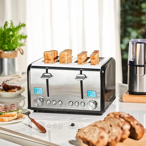 Image of Roter Mond Countdown Stainless Steel 4 Slice Toaster with Bagel, Defrost, Cancel Function, Dual Toaster, Extra Wide Slots, 6 Shade Settings, Removable Crumb Trays, 1650W, Black