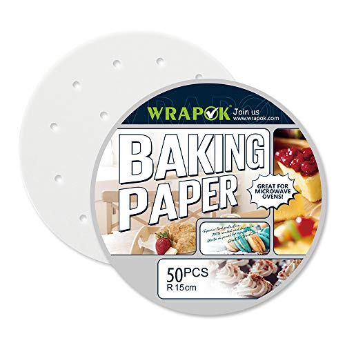WRAPOK Air Fryer Liner 6 inch Round Perforated Parchment Bamboo Steamer Paper 50 Count Non-stick for Baking Steaming Basket Cooking Cake Pans Circle