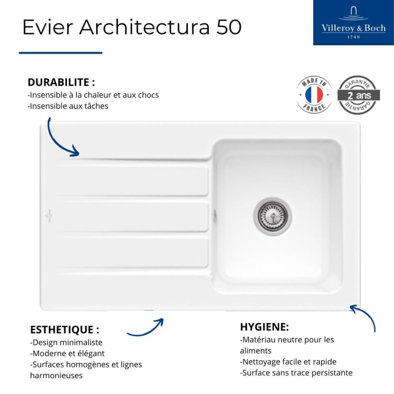 Evier 1 bac 86 x 51 cm VILLEROY ET BOCH Architectura 50 Blanc