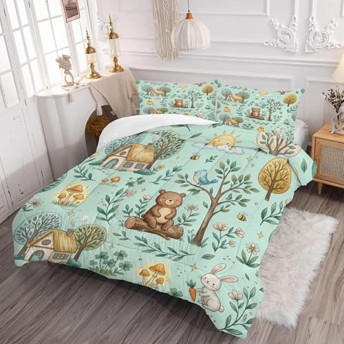 Image of Cute Woodland Animal Comforter Set Full Size, Bear and Rabbit Print for Kids Boys Girls Teens, Soft Microfiber Room Decor 1 Comforter 2 Pillowcase