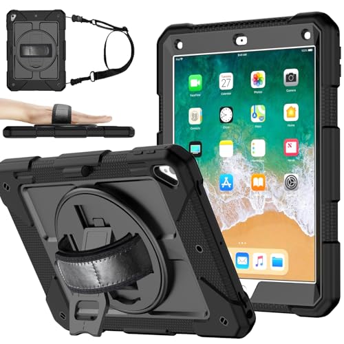MENZO Shockproof Case for iPad 5th Gen/6th Gen/Air 2/Pro 9.7-inch with 360 Swivel Stand Pencil Holder Detachable Hand and Shoulder Strap Black