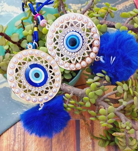 Image of Evil Eye Car Mirror Hanging Nazar Battu for Home Entrance Decoration, House Main Front Door Decor Hanging Decorative Items, Feng Shui Items for Good Luck, Blue, Set of 2