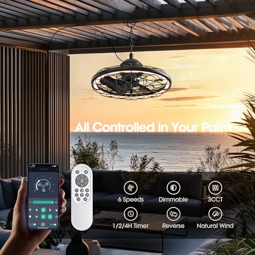 20 Outdoor Ceiling Fan, IP65 Waterproof Gazebo Fan with Light, Remote Control,6 Speeds,3CCT, Plug in Caged Ceiling Fan with Hanging Hook for Patio, Porch, Canopy