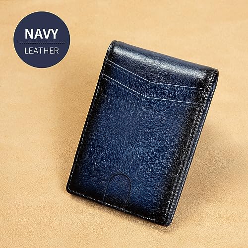 Real Leather Slim Wallet for Men RFID Blocking Front Pocket Bifold Wallet Minimalist Credit Card Holder with Gift Box (Navy)3